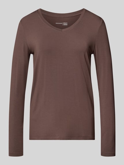 Produktfoto, Regular Fit Pyjama-Oberteil aus elastischem Material-Mix von SCHIESSER, braun, runder Halsausschnitt, langärmelig, glatte Oberfläche.