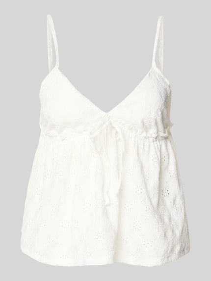 Produktfoto, Babydoll-Top mit Schößchendetail und Lochstickerei von REVIEW in weiß aus materiaalmix met stretch, regular fit, peplum, ajourwerk, ruglengte maat S 27 cm, dames top