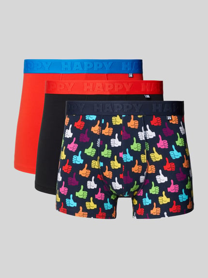 Productfoto, Boxershorts met elastische logoband in 3-pack van Happy Socks, katoen-elastaan mix, nauwsluitende pasvorm, diverse kleuren en prints.