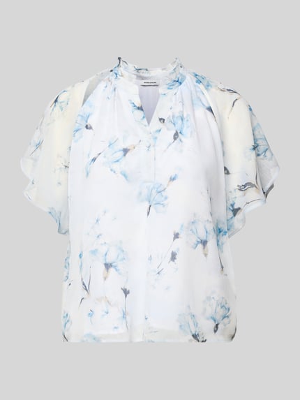 Produktfoto, Blusentop mit Schmetterlingsärmel von More & More, Weiß mit zartem blauem Blumenmuster, Gerader-Schnitt, Serafino-Kragen, kurze Knopfleiste, Rückenlänge 54 cm, Ärmellänge 28 cm, Größe 36, leichte Textur