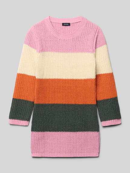 Produktfoto, Regular Fit Kleid in Strick-Optik von Blue Seven in Rosa, Creme, Orange und Dunkelgrün, Rundhalsausschnitt, langärmelig, elastische Abschlüsse, Kinder Kleid, Rückenlänge 59 cm, Ärmellänge 46 cm bei Größe 116.
