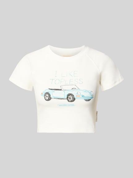 Produktfoto, Cropped T-Shirt mit Motiv-Print od ANOTHER COTTON LAB z bawełny, nadruk z motywem, okrągły dekolt, długość tyłu w rozmiarze S: 38 cm, kolor biały, prosta forma, gładka tekstura
