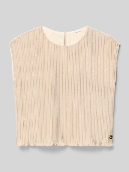 Produktfoto, Schimmerndes Top mit Wellensaum und Label-Applikation von Guess, Kinder Boxy Fit, cremefarben, strukturierte Oberfläche, Rundhalsausschnitt