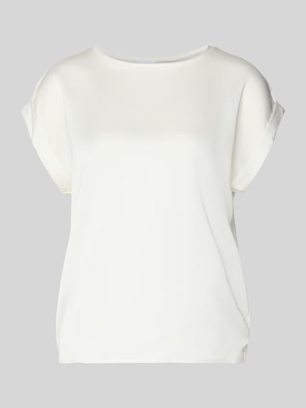 Produktfoto, Blusenshirt mit fixierten Ärmelaufschlägen Modell 'VIELLETTE' von VILA, mieszanka wiskozy z dodatkiem streczu, luźny krój, okrągły dekolt, długość tyłu 57 cm w rozmiarze 36, jednolita biel, gładka tekstura.