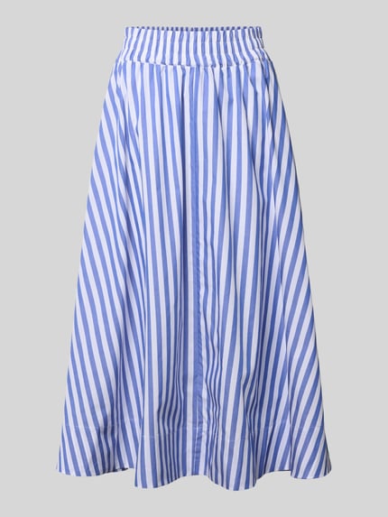 Produktfoto, midirok in blauw-wit gelinieerd all-over look met elastische band, puur katoen, A-lijn, Rich & Royal, maat 36 bandwijdte 34 cm, totale lengte 91 cm