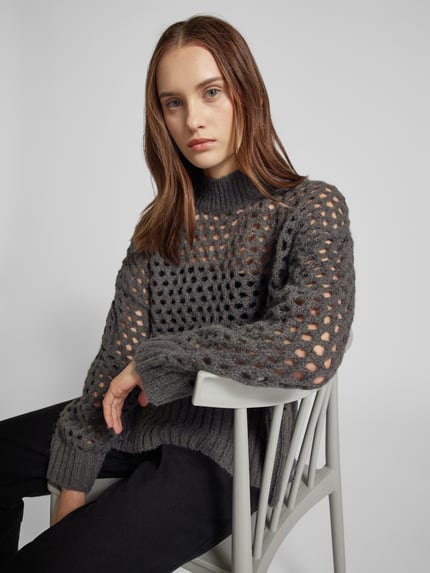 ONLY Sweter z dzianiny o kroju regular fit z ażurowym wzorem model ‘BILLIE’ Średnioszary 3