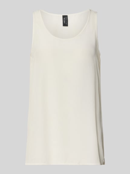 Produktfoto, Blusenshirt mit Rundhalsausschnitt und Label-Detail von Marc Cain aus satyny, krój straight fit, okrągły dekolt, długość tyłu 52 cm w rozmiarze 36
