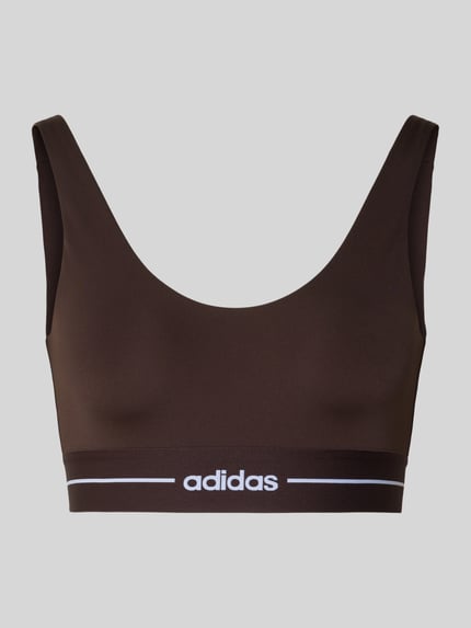 Productfoto, BH met elastische logoband van adidas Sportswear, bruin, stretchmateriaal, nauwsluitende pasvorm, U-hals
