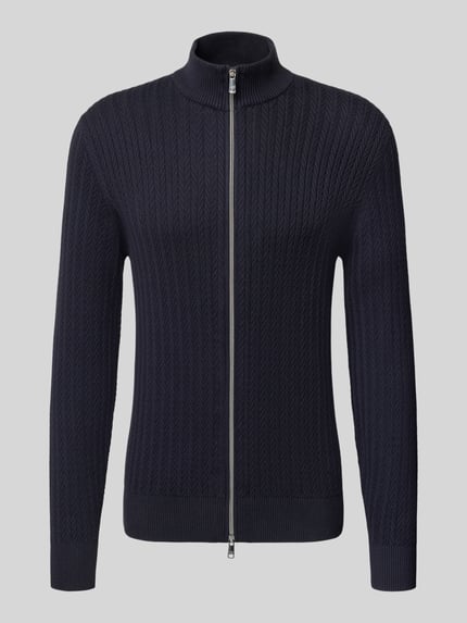 Produktfoto, Strickjacke mit Reißverschluss von Christian Berg Men in Dunkelblau, reine Baumwolle, Slim Fit, gerippte Abschlüsse, Stehkragen