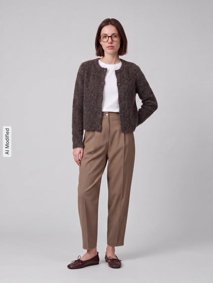 Frauenmodel trägt Regular Fit Strickjacke mit Woll-Anteil Modell 'NOVAH' von VERO MODA in Dunkelbraun, helle Hose, weiße Wand, Ganzkörperansicht von vorne, KI-modifiziertes Bild.