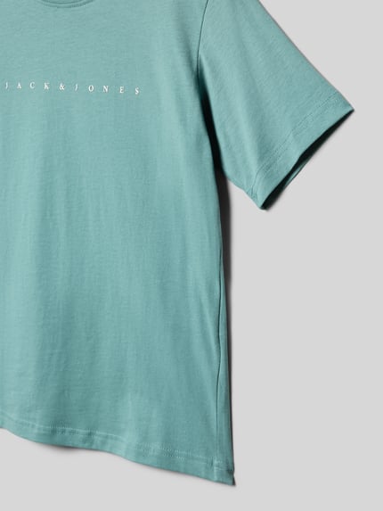 Produktfoto, Dziecięcy t-shirt z bawełny w kolorze jasnozielonym, nadruk z logo, okrągły dekolt, Regular fit, Model 'Estar' od JACK & JONES, długość tyłu w rozmiarze 140: 50 cm