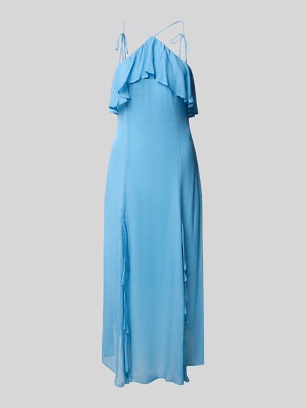 Produktfoto, Cocktailkleid aus Viskose mit Volants von Jake*s Cocktail in Hellblau, A-Linie, Maxikleid mit rückseitiger Schnürung, leichte Stofftextur