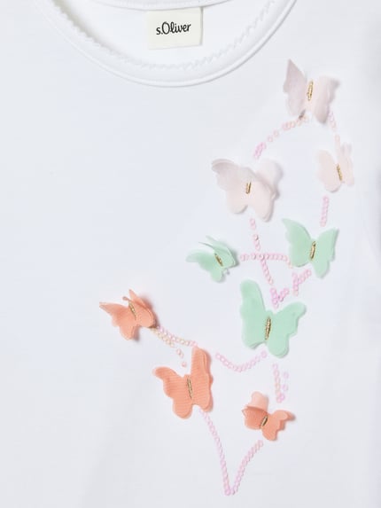 Produktfoto, Regular Fit Langarmshirt aus Baumwoll-Mix von s.Oliver RED LABEL in Weiß, bunte Schmetterlingsapplikationen, Effektgarn, Rundhals