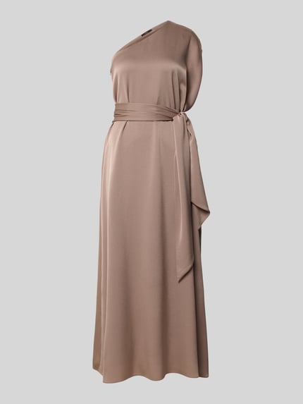 Produktfoto, Cocktailkleid im One-Shoulder-Design mit Bindegürtel von Windsor aus Satin in Braun, Taillierter Schnitt, Midikleid, glatte Oberfläche, seitlicher Nahtreißverschluss, Rückenlänge bei Größe 36: 123 cm, Brustweite: 47 cm