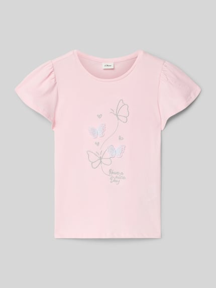 Produktfoto, Regular Fit T-Shirt aus reiner Baumwolle von s.Oliver RED LABEL in Rosa, unifarben, Rundhals, kurzarm mit Raffung, Motiv-Stitching Schmetterlinge, Jerseystruktur