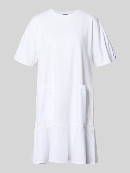 Produktfoto, Knielanges Tunikakleid mit Puffärmeln Modell 'ONORE' von MM by Max Mara, weiß, Baumwoll-Mix mit Stretch-Anteil, A-Linie, Rundhalsausschnitt, sichtbare Taschen und Strukturdetails.