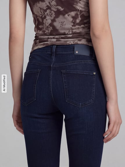 Frauenmodel trägt dunkelblaue Regular Fit Bootcut-Jeans aus Viskose-Baumwoll-Mix Modell 'PARIS FLARED' von CAMBIO, Damen Bootcut-Jeans, Ganzkörperansicht Rückansicht, KI-modifiziertes Bild.