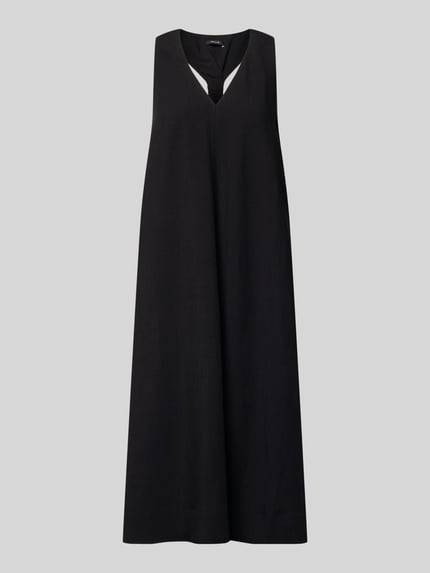 Produktfoto, czarna sukienka midi z mieszanki wiskozy i lnu, krój relaxed fit model 'Waka' od OPUS, dekolt w serek, bez rękawów, wpuszczane kieszenie, długość tyłu 112 cm, szerokość w rozmiarze 36: 47 cm