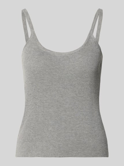 Produktfoto, graues Tanktop aus Viskose-Mix mit Rundhalsausschnitt, Feinripp-Struktur, körpernaher Schnitt, tiefer Rückenausschnitt, Rückenlänge 34 cm bei Größe S, Tanktop aus Viskose-Mix mit tiefem Rückenausschnitt von Karo Kauer