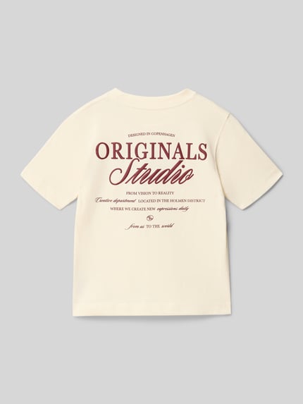 Produktfoto, Regular Fit T-Shirt mit Statement-Print Modell 'Bro' von Jack & Jones aus reiner Baumwolle in Creme mit Rückendruck und Rundhalsausschnitt, Rückenlänge bei Größe 140: 50 cm