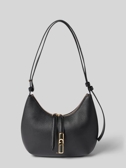 Productfoto, zwarte Dames schoudertas van FURLA, Model 'Goccia', echt leer, logodetail, hoofdvak met ritssluiting, schouderband, Breedte maat 1: 22 cm, Lengte maat 1: 23 cm, Diepte maat 1: 7 cm, bandlengte maat 1: 56 cm