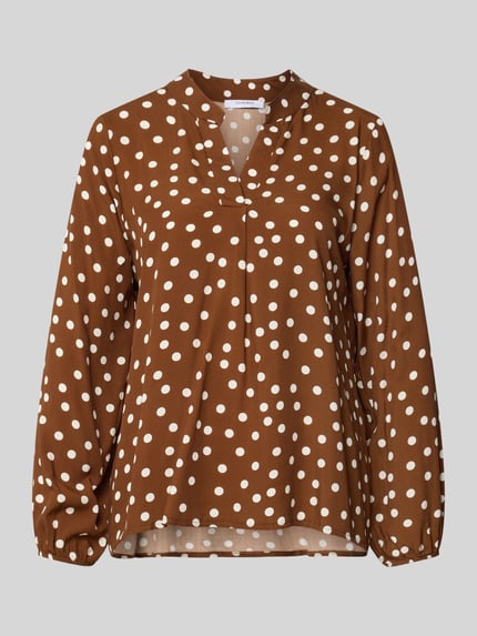 Produktfoto, Relaxed Fit blouse uit zuivere viscosemix Model 'Valeria' van ZABAIONE, bruin met witte stippen, serafinohals, met lange mouwen, ruglengte maat S: 54 cm, mouwlengte maat S: 58 cm, dames blouse