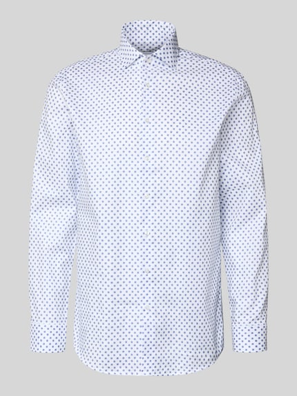 Produktfoto, Regular Fit Business Hemd aus Baumwolle mit Kentkragen von SEIDENSTICKER, weiß mit blauem Muster, Knopfleiste, glatte Textur, Rückenlänge 81 cm, Schulterbreite 47 cm, Ärmellänge 66 cm bei Größe 40.