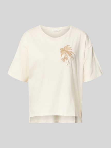 Productfoto, T-shirt met motiefstitching van Fynch-Hatton, dames T-shirt in crème, katoenmix met modal, loose fit, ronde hals, ruglengte maat S 58 cm.