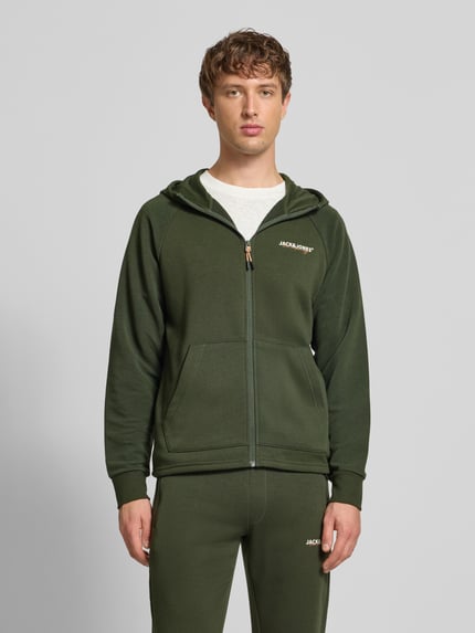 JACK & JONES Regular Fit Sweatjacke mit Logo-Print Modell 'Thatcher' Oliv 4