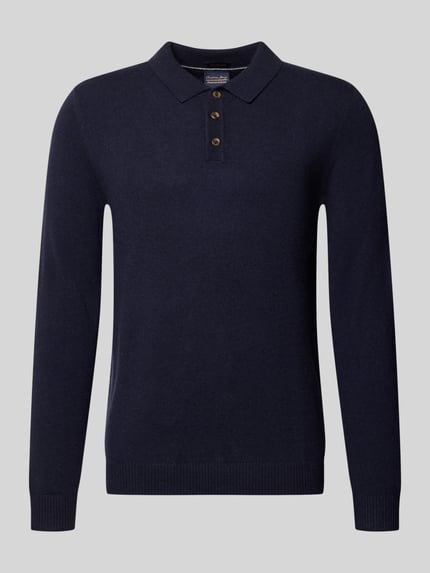 Produktfoto, Slim Fit Strickpullover aus reinem Kaschmir mit Polokragen von Christian Berg Men, dunkelblau, gerippte Abschlüsse, Strick-Optik