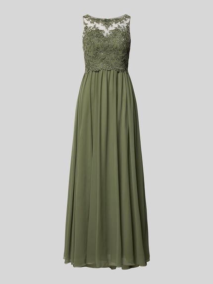 Produktfoto, Midikleid mit Spitze und Ziersteinbesatz von Laona in Olivgrün aus Chiffon, A-Linie, rückseitiger Reißverschluss, Rückenlänge 123 cm, Brustweite 32 cm bei Größe 36.