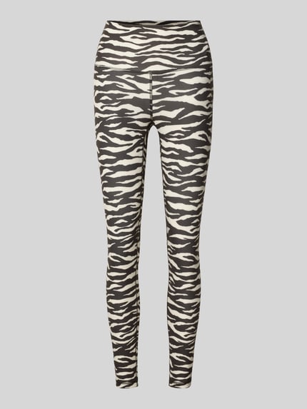 Produktfoto, legginsy z dodatkiem streczu Juvia, Mieszanka materiałów, krój skinny fit, szeroki elastyczny pas, długość do kostek, długość wewnętrzna nogawki w rozmiarze S: 65 cm, szerokość w rozmiarze S: 34 cm, wzór w zebrę, kolory czarny i beżowy, gładka tekstura