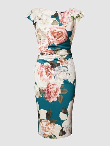 SWING Knielanges Cocktailkleid mit floralem Muster Petrol 2