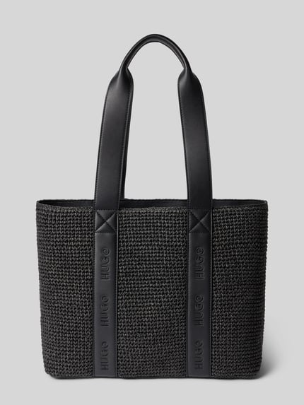 Produktfoto, Henkeltasche in Bast-Optik Modell 'BECKY' von HUGO, czarna, wyplatana faktura, trzymana na dwóch uchwytach, detal z logo
