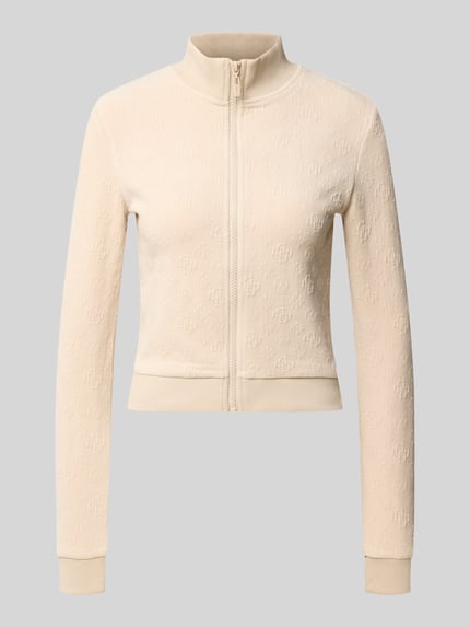 Productfoto, Sweatjacke met opstaande kraag model 'LAUDOMIA' van GUESS, beige, logo patroon, slim fit, stretchmix, rits, damessweatjacke