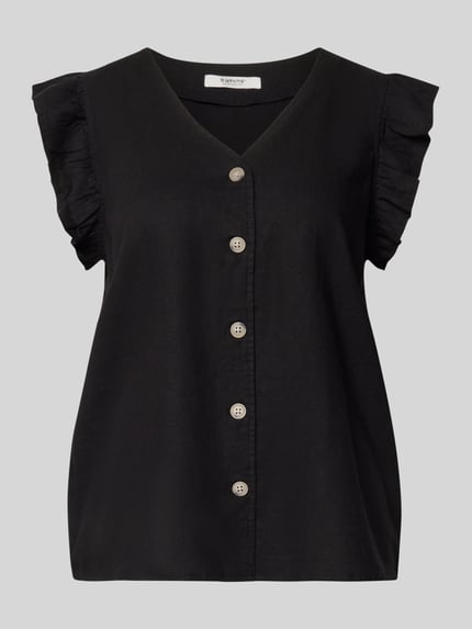 Produktfoto, Regular Fit Bluse aus Leinen-Viskose-Mix mit Rüschen von B.Young, model 'FALAKKA', czarna, guziki, dekolt w serek, mieszanka lnu i wiskozy, krój regular fit, falbany, listwa guzikowa, długość tyłu w rozmiarze 36: 34 cm, długość rękawów w rozmiarze 36: 5 cm