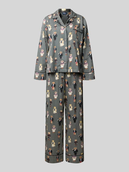 Produktfoto, Regular Fit Pyjama aus reiner Baumwolle mit Polo-Bear Print von Polo Ralph Lauren, gestreiftes Muster in Blau mit buntem Bärendruck, Damen Pyjama von Polo Ralph Lauren