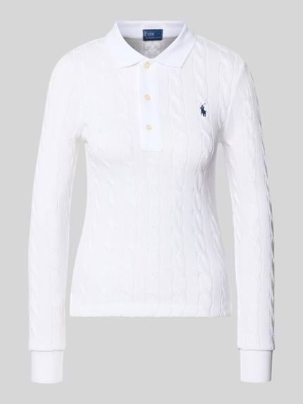 Produktfoto, Sweter z dzianiny ze ściegiem warkoczowym i kołnierzykiem polo od Polo Ralph Lauren, bawełna, krój slim fit, wyhaftowane logo, listwa guzikowa