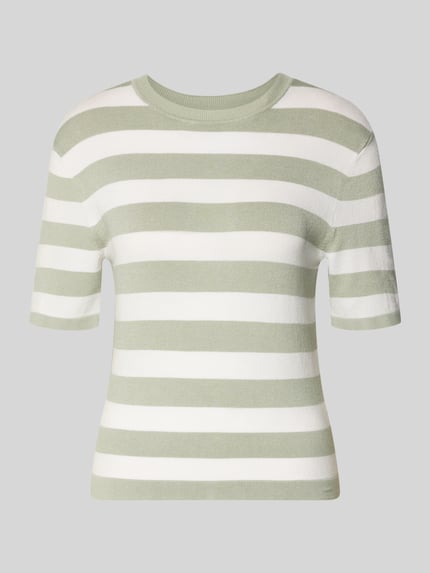 Produktfoto, Strickshirt mit Rundhalsausschnitt Modell 'Maria' von GUIDO MARIA KRETSCHMER WOMAN, mieszanka wiskozy z dodatkiem streczu, krój regular fit, okrągły dekolt, długość tyłu w rozmiarze 36: 53 cm, szerokie poziome paski w kolorach bieli i jasnej zieleni, miękka dzianina, gładka tekstura