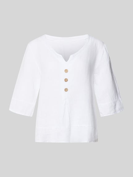 Productfoto, witte dames blouse van ZABAIONE, regular fit, V-hals, model 'Ol44iviaa', knoopsluiting, 3/4-mouw, gladde linnen structuur