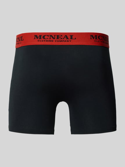 Produktfoto, Trunks mit Label-Details im 3er-Pack von MCNEAL, schwarzer Baumwoll-Elasthan-Mix, roter Bund, körpernahe Passform, Herren