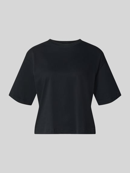 Produktfoto, schwarzes Relaxed Fit T-Shirt aus elastischem Baumwoll-Mix von Fabletics, Rundhalsausschnitt, kurze Ärmel, glatte Textur.