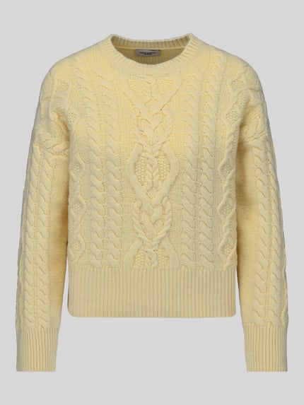 Produktfoto, Regular Fit Pullover aus reiner Schurwolle Modell 'ALBEN' von Weekend Max Mara in Hellgelb mit Zopfmuster und gerippter Struktur, Damen Pullover von Weekend Max Mara