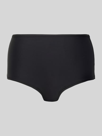 Produktfoto, Bikinihose mit Label-Detail von LASCANA aus Elastischer-Material-Mix, eng anliegende Passform, glatte schwarze Oberfläche.