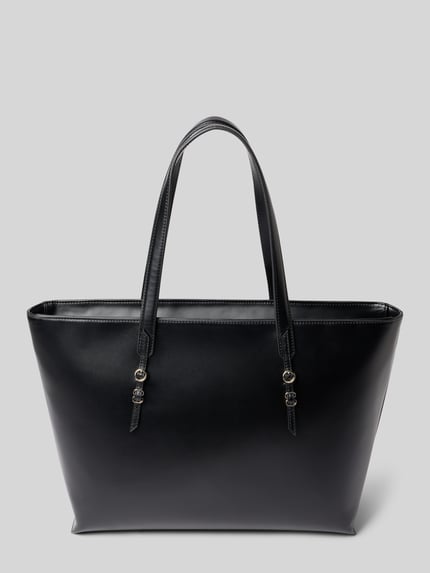 Produktfoto, czarna torba shopper z imitacji skóry HUGO Shopper in Lederoptik Modell 'SYNDRA_SHOPPER', jednolity kolor, uchwyt, zamek błyskawiczny, główna przegroda, przegródka wewnątrz, aplikacja z metką z metalu.