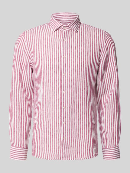 Produktfoto, Slim Fit Business-Hemd mit Kentkragen von SEIDENSTICKER, reines Leinen, rot-weiße Streifen, glatte Textur, Allover-Look