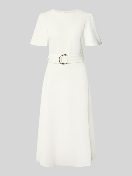 Produktfoto, Cocktailkleid mit Gürtel und Rundhalsausschnitt von Rinascimento in Weiß, Midikleid aus Material-Mix mit Stretch-Anteil, Taillierter Schnitt, Rückseitiger Reißverschluss, glatte Struktur, moderne Damenmode