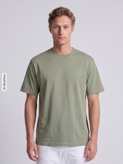 Männermodel trägt Regular Fit T-Shirt aus reiner Baumwolle von MCNEAL in Helloliv mit Rundhalsausschnitt, kurzärmelig, Ganzkörperansicht von vorne.
