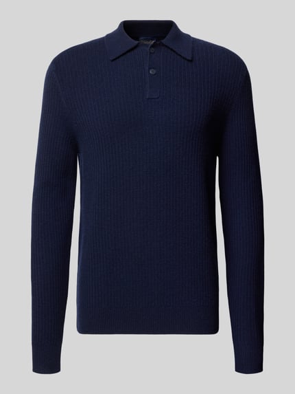 Produktfoto, Slim Fit Strickpullover aus Woll-Kaschmir-Mix mit Polo-Kragen von Christian Berg Men in Dunkelblau mit elastischen Abschlüssen