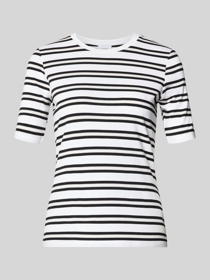 Produktfoto, T-Shirt mit Rundhalsausschnitt von comma, weiß mit schwarzen Streifen, körpernaher Fit, halbärmlig, Viskose-Mix mit Stretch.